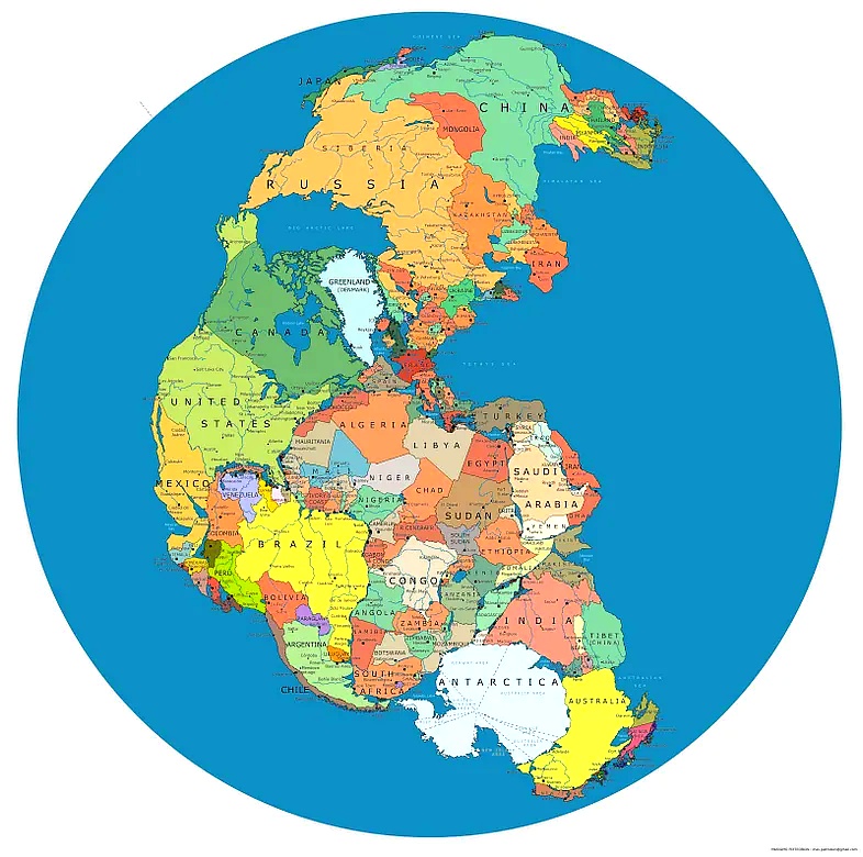 Pangaea supercontinent with modern national borders overlaid, showing Africa at the center surrounded by the Americas, Europe, Asia, India, and Antarctica as one connected landmass