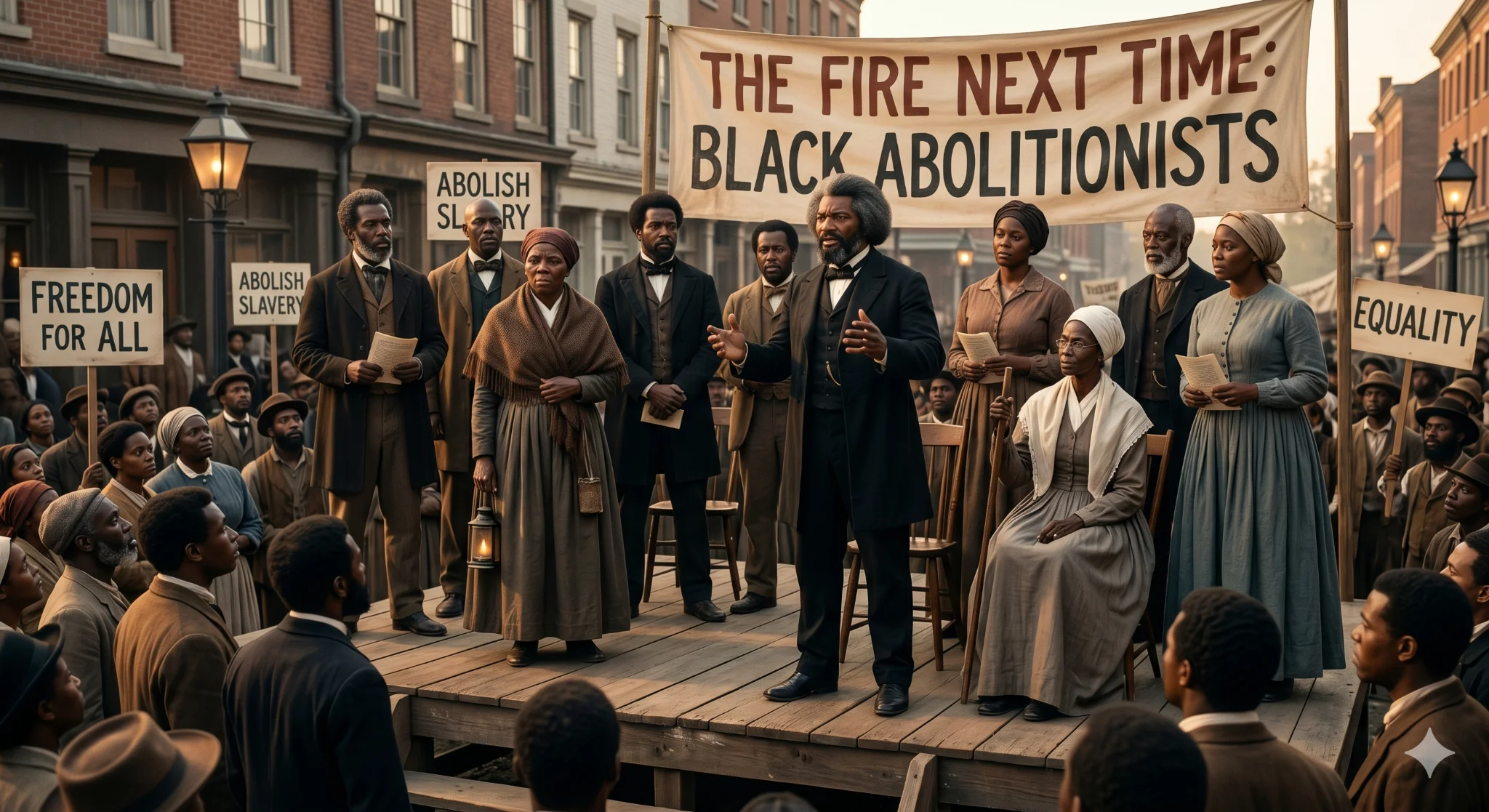 Black abolitionists including Frederick Douglass and Harriet Tubman speak on a platform before a crowd, with banners reading Freedom For All and Abolish Slavery