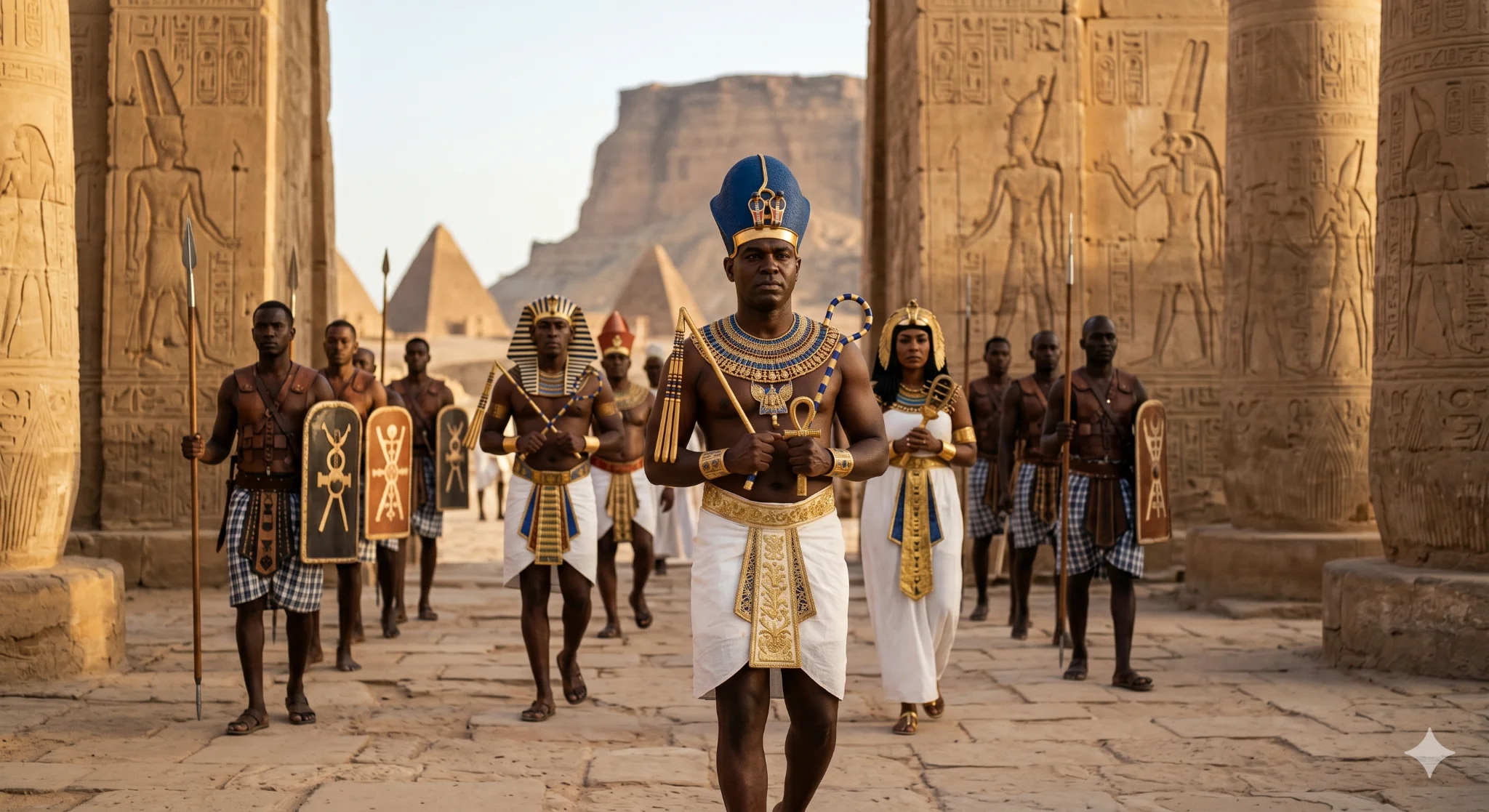A Black African pharaoh in royal regalia walks through an ancient Egyptian temple, pyramids visible behind him