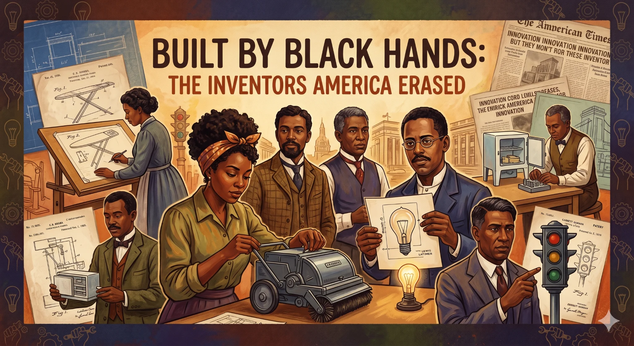 Illustrated portrait of Black inventors including Granville Woods, Lewis Latimer, and others with their inventions