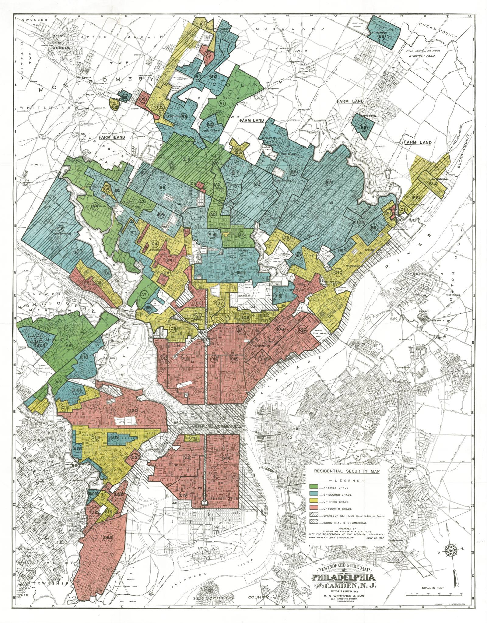 1930s HOLC redlining map of Philadelphia showing color-coded neighborhood grades