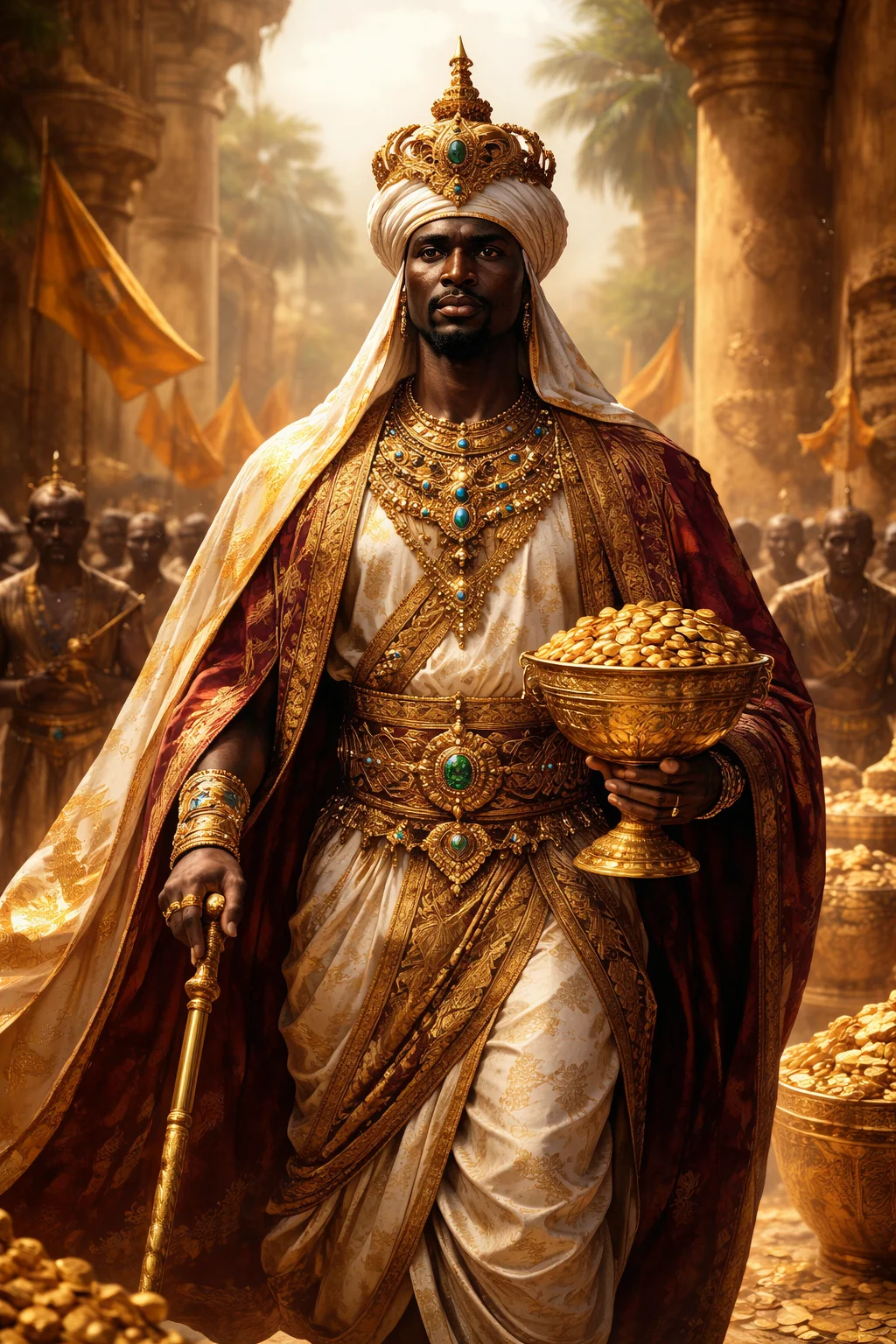Mansa Musa I, Emperor of Mali — portrait illustration in gold regalia holding a sceptre and bowl of gold