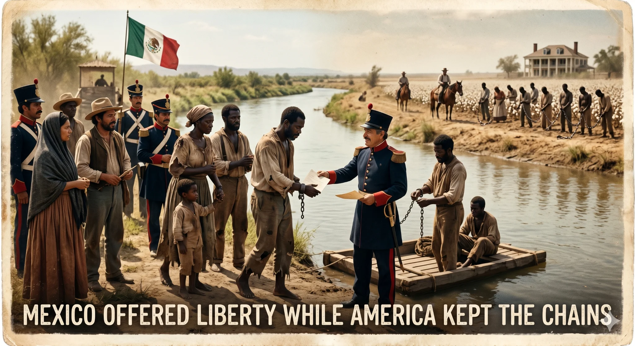 Enslaved people crossing the Rio Grande to freedom in Mexico, greeted by Mexican soldiers under the Mexican flag
