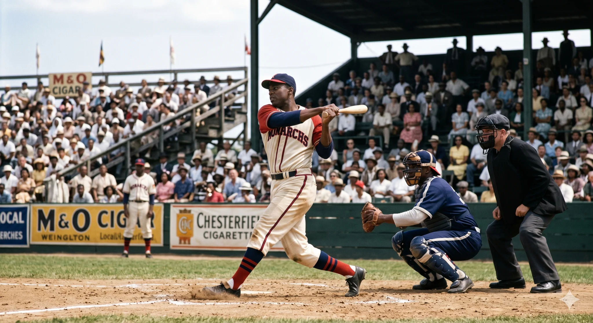 A Kansas City Monarchs batter swings at a Negro League game before a packed stadium crowd