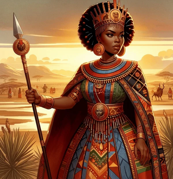 Queen Nzinga of Ndongo — illustrated portrait in royal regalia with spear and crown