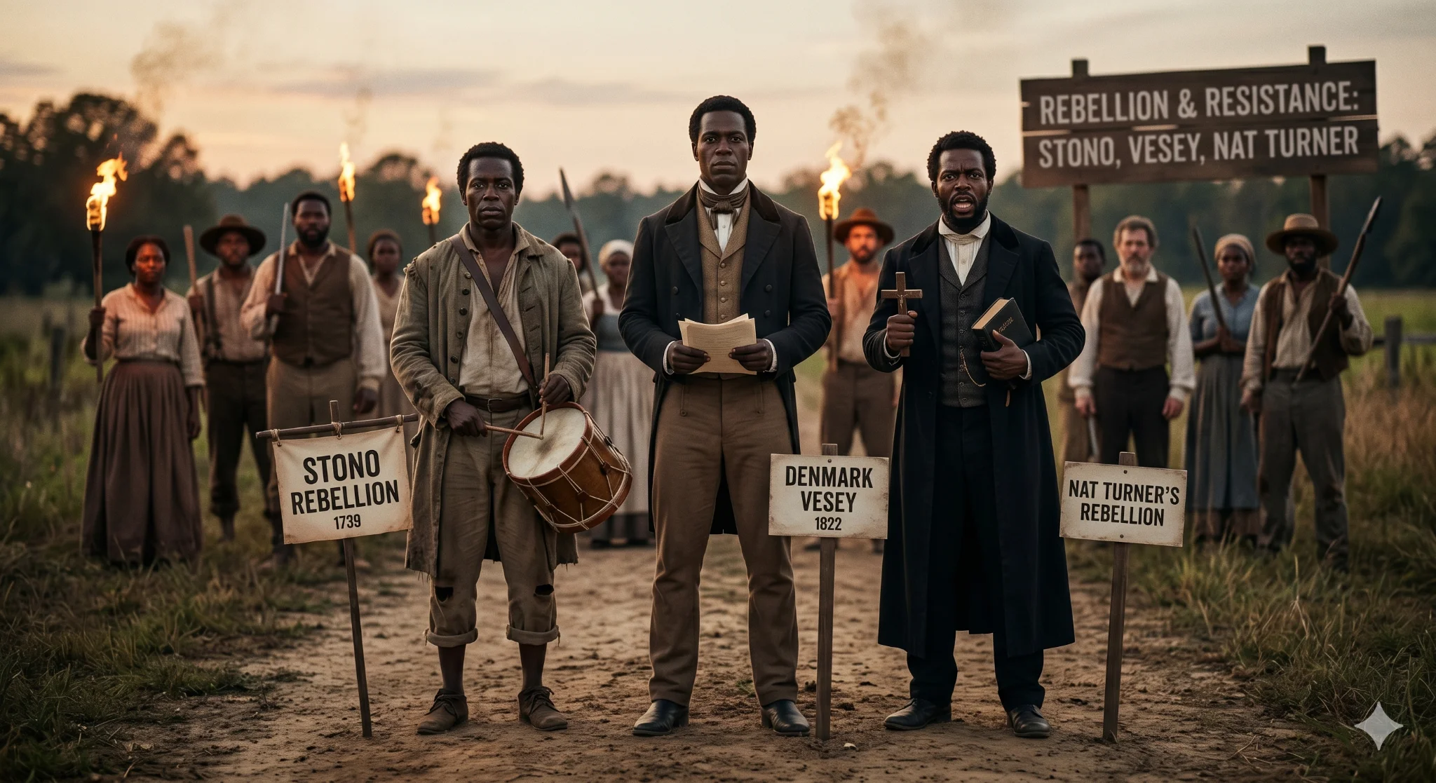 Three figures representing Stono Rebellion, Denmark Vesey, and Nat Turner stand before a crowd with torches at dusk