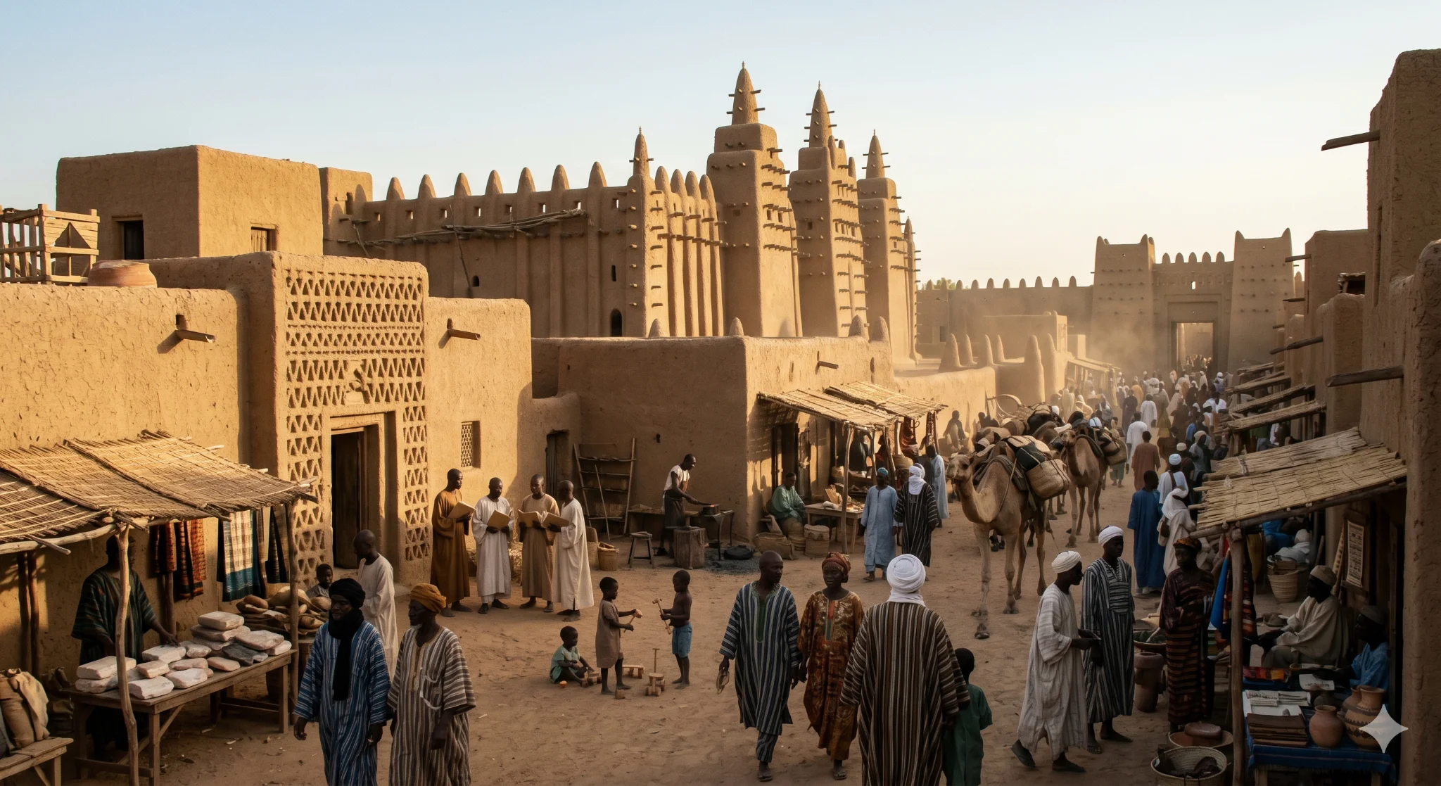 A bustling Timbuktu marketplace with the Great Mosque of Djenné in the background, camels and traders filling the streets